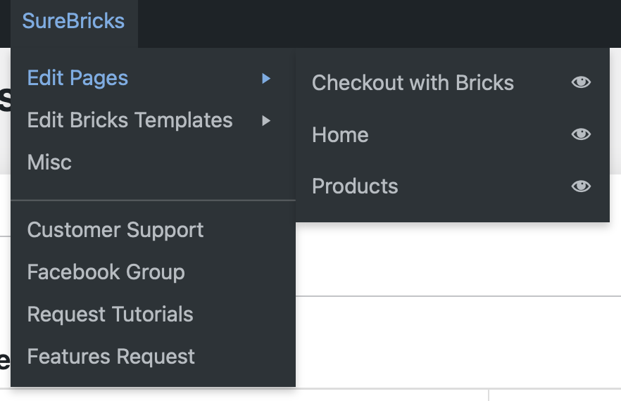 SureBricks menu on Admin Bar