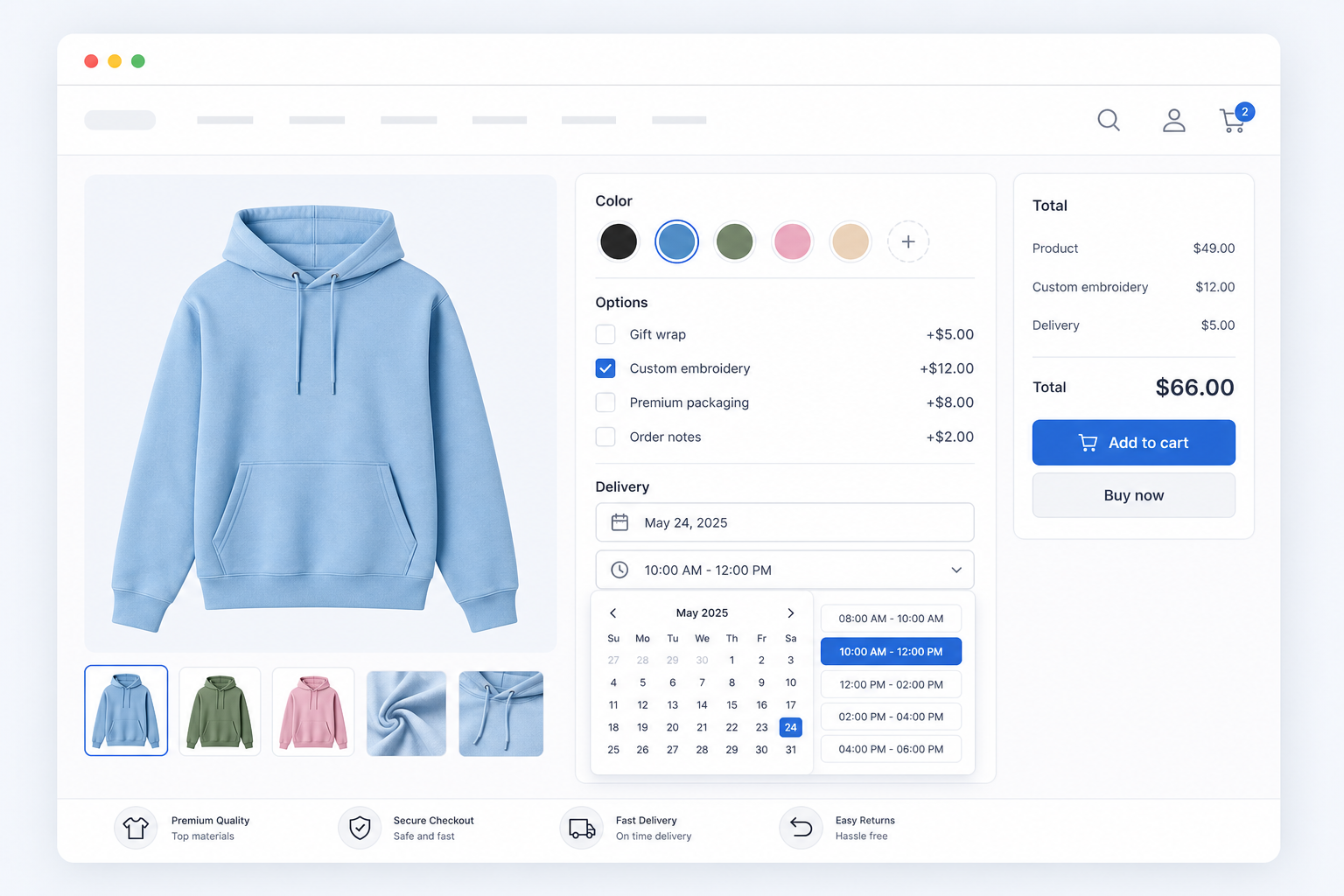 Admin field builder showing global group settings, field list, color swatch options, conditional logic, and pricing controls.