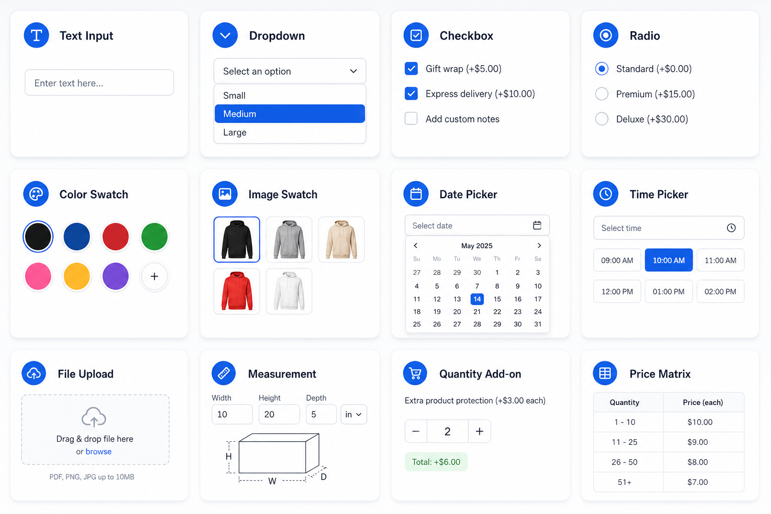 Grid preview of field types including text input, dropdown, checkbox, radio, color swatch, image swatch, date picker, time picker, file upload, measurement, quantity add-on, and price matrix.