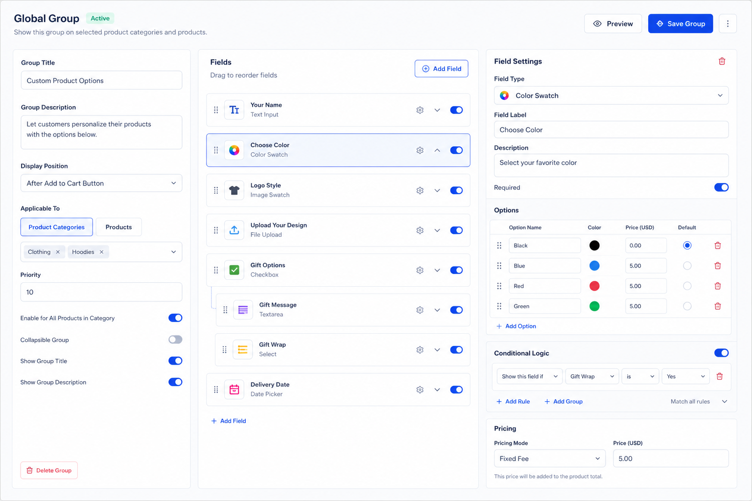 WooCommerce product page showing color swatches, add-on options, delivery date, time picker, and live total price.